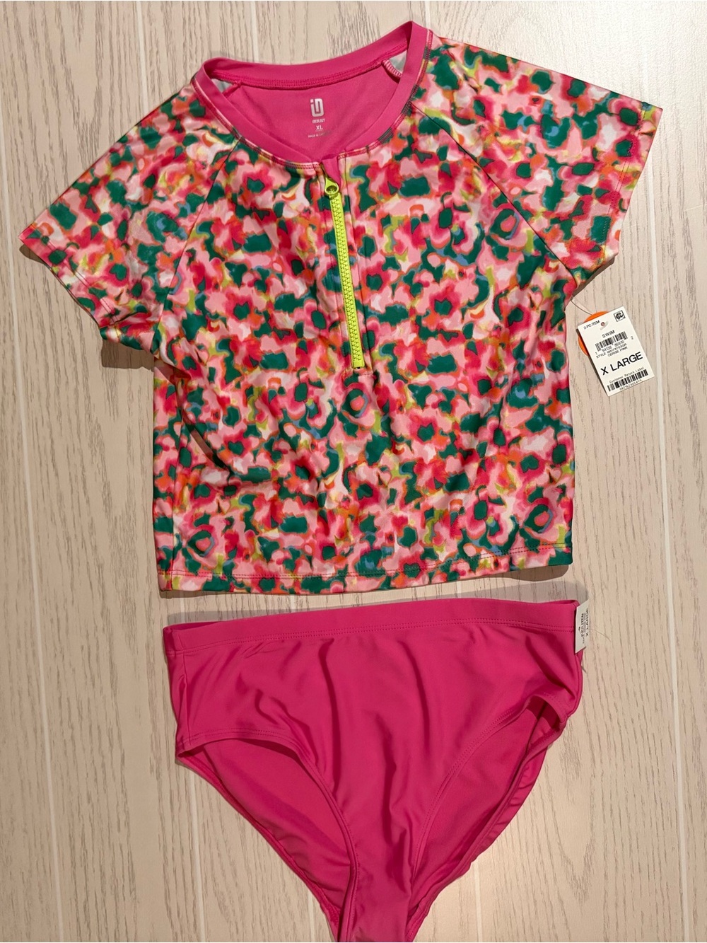 Ideology Girls XL Pink Floral 2 Piece Rash Guard Zip Front Swimsuit Set